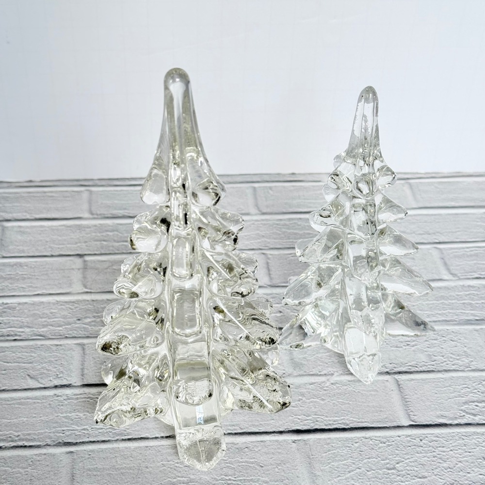 Vtg Clear Art Glass Christmas Tree Figurines Set of 2 Hand Blown 6" and 4.5"